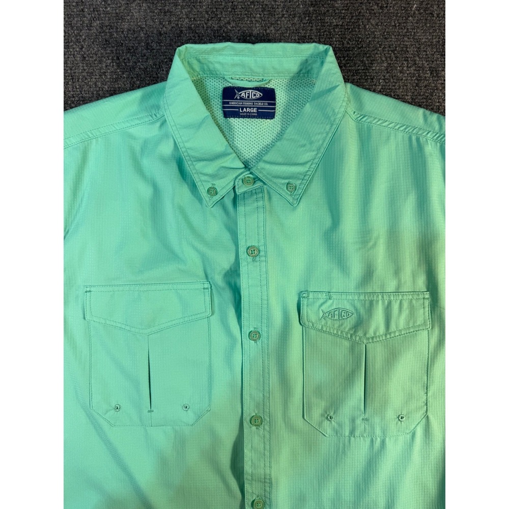 AFTCO Mens Large Green Short Sleeve Button Down Fishing Shirt AFTECH Ripstop